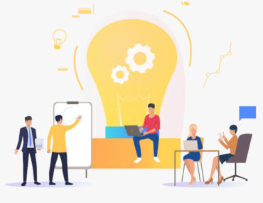 Light bulb, people discussing ideas and working. Innovation, study, work concept. Vector illustration can be used for topics like business, education, research
